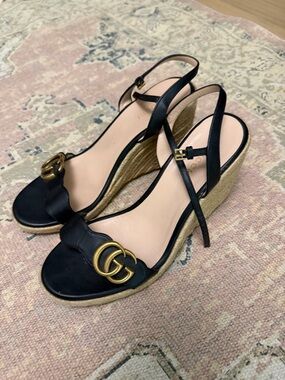 Gucci Black Leather Espadrille Wedge Sandals with Gold Double G